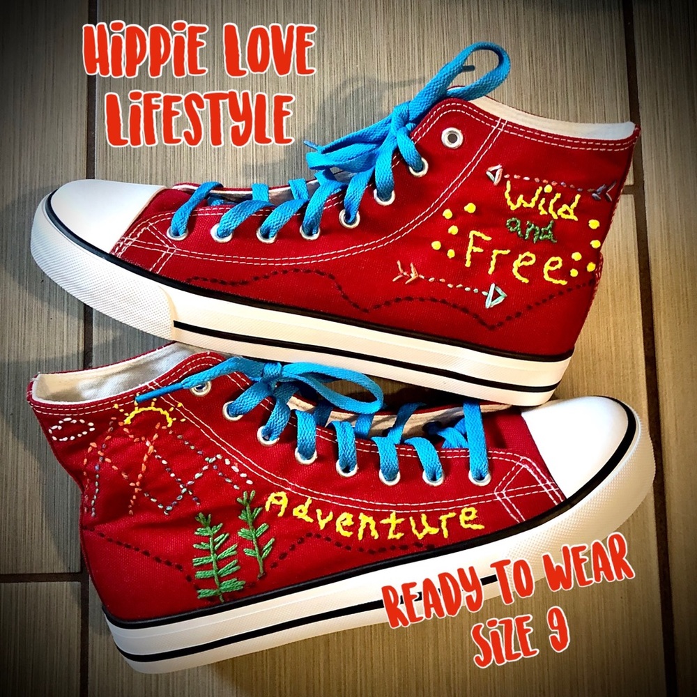 Hand Embroidered Red High Top Sneakers Adventure